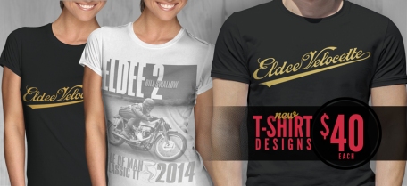 Eldee Velocette, t-shirt designs, white teeshirt, black teeshirt, Velocette Racing New Zealand, MagentaDot Brands.