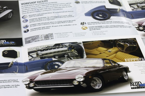 Close-up detail of the second, four-page spread of Auto Restorations‘ double gate-fold brochure.