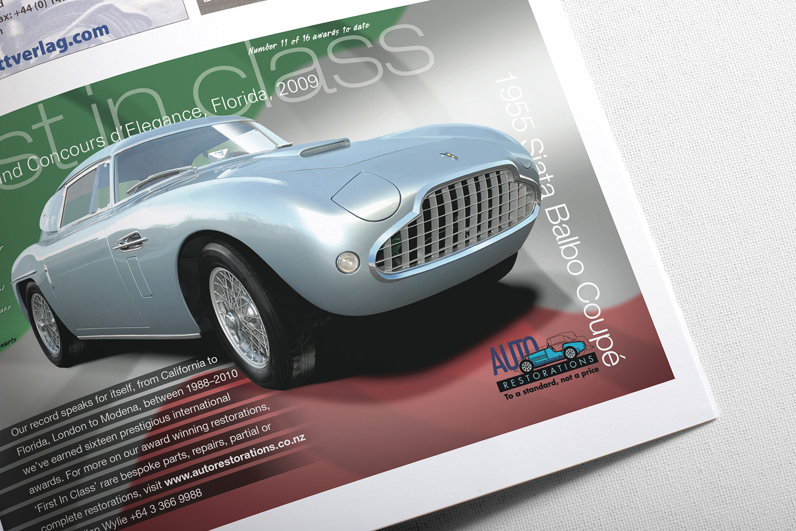 Siata Balbo half page advertisement for Auto Restorations in Classic Car enthusiasts magazine 2010. Second in a campaign of ads. The theme of the campaign is to dedicate each ad to one of their 16 international award winning restorations.