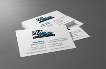 Auto Restorations business cards after BRAND-AID logo recreation.