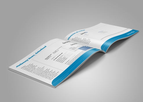 Inside spread from the Decima corporate style guide, page headings read “stationery items, business cards”, “stationery items letterhead”. Brand use document, Graphic Standards guide.