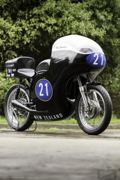 Starboard front three-quarter view of Eldee Velocette sporting new race-ready livery