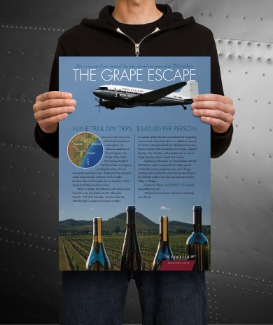 Pionair Sydney, ‘The Grape Escape’ Classic DC3 weekend Wine trail day trips. ‘Join us on one of our winetrail day trips aboard our immaculate DC3 airliner’. Full page colour ad, and display poster, ‘Golden Era of Air Travel‘ campaign theme.