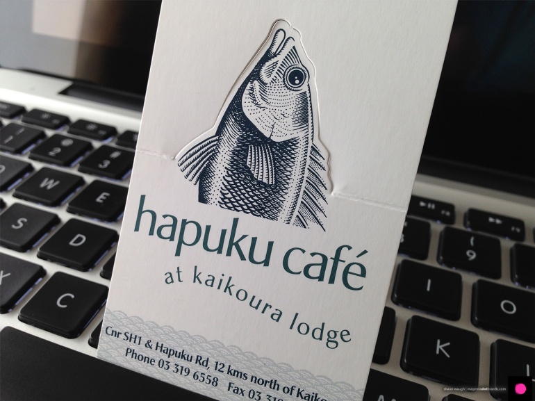 Novel pop-up Hapuku Cafe and Lodge logo business card in the ‘closed’ state. 