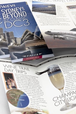 Pionair Australia, Classic DC3 aviation, Sydney & Beyond, 4-panel, gate-fold, DLE tourism brochure