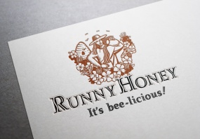 Runny Honey symbol and type logo, product name and positioning statement “It’s bee-licious”. A stylized line illustration of a woman apiarist set amongst a beehive, clover and bees pours Runny Honey from a jug into a honey jar. The "S" curve of the poured honey is echoed in the ascenders of the incised handlettering of the company name. Trademark and packaging label for a range of honey, and other bee products, for apiarist training and consultancy. Brands for New Zealand companies.