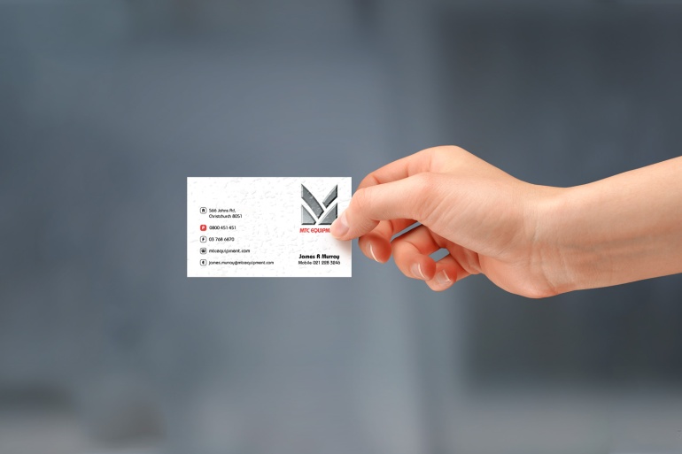 Hand-held MTC Equipment business card front. Full colour front full colour back.