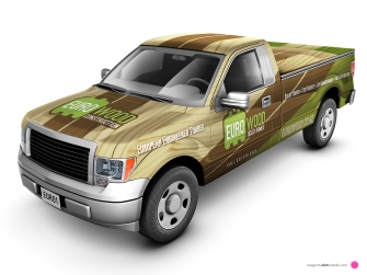 Euro-Wood branded Ford pickup vehicle wrap. Front threequarter view.
