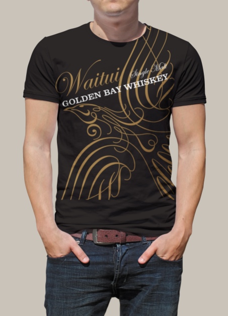 Front of Waitui screenprinted promotional tshirt. “Waitui Single Malt Golden Bay Whiskey”. Promotional products are a form of advertising that gets your brand noticed and delivers excellent engagement.
