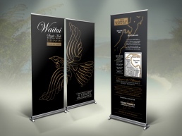 Trio of Waitui Single Malt Honey Golden Bay Whiskey pull-up banners based on the gift carton design for use at the Waitui product launch, and in future promotional instore displays and trade shows.