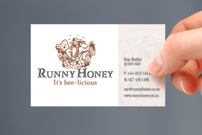 Runny Honey business card, hand held business card mockup.