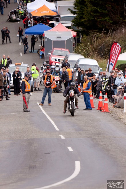 Bluff HIll Climb, Burt Munro Challenge, Kevin Ryan, Motupohue, New Zealand, NZ Hill Climb Champs, Rider 18, start finish line, Triumph Bonneville 800