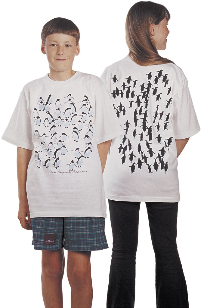 ‘Adelie Penguins, Antarctica’ adult’s and children’s two colour T-shirt print on white fabric.