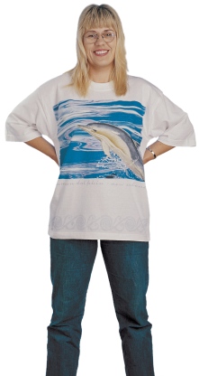 ‘Common dolphin - New Zealand’ T-shirt, eight colour print on white fabric.
