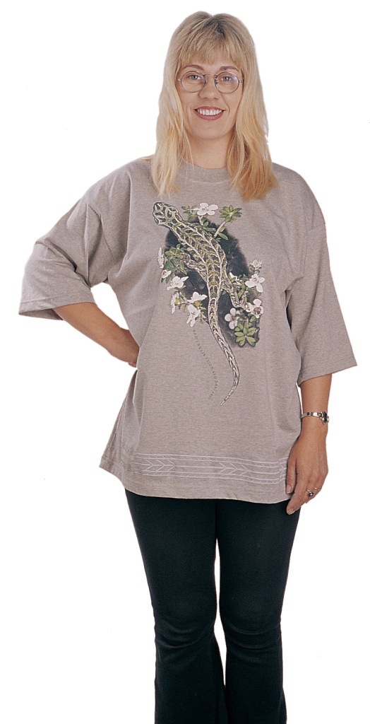‘Harlequin Gecko - New Zealand’ eight colour T-shirt print on light-brown marle fabric.