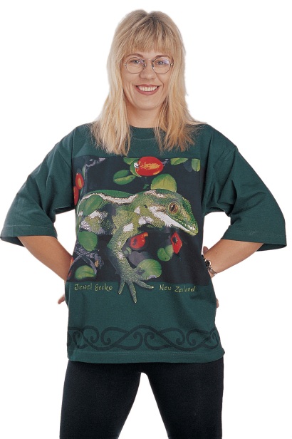 ‘Jewel Gecko - New Zealand’ eight colour T-shirt print on dark green fabric.