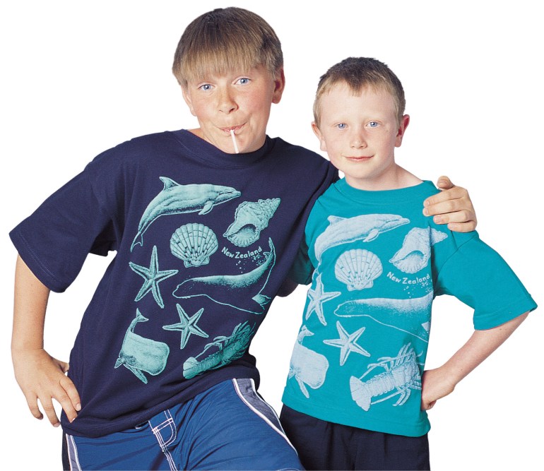 ‘Ocean - New Zealand’ one colour children’s T-shirt print on navy blue and jade green fabric.