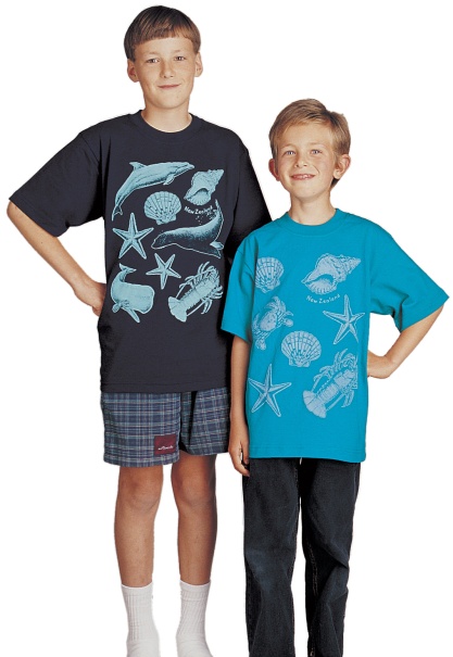 ‘Ocean - New Zealand’ and ‘Seashore - New Zealand’ one colour children’s T-shirt prints on navy blue and jade green fabric.