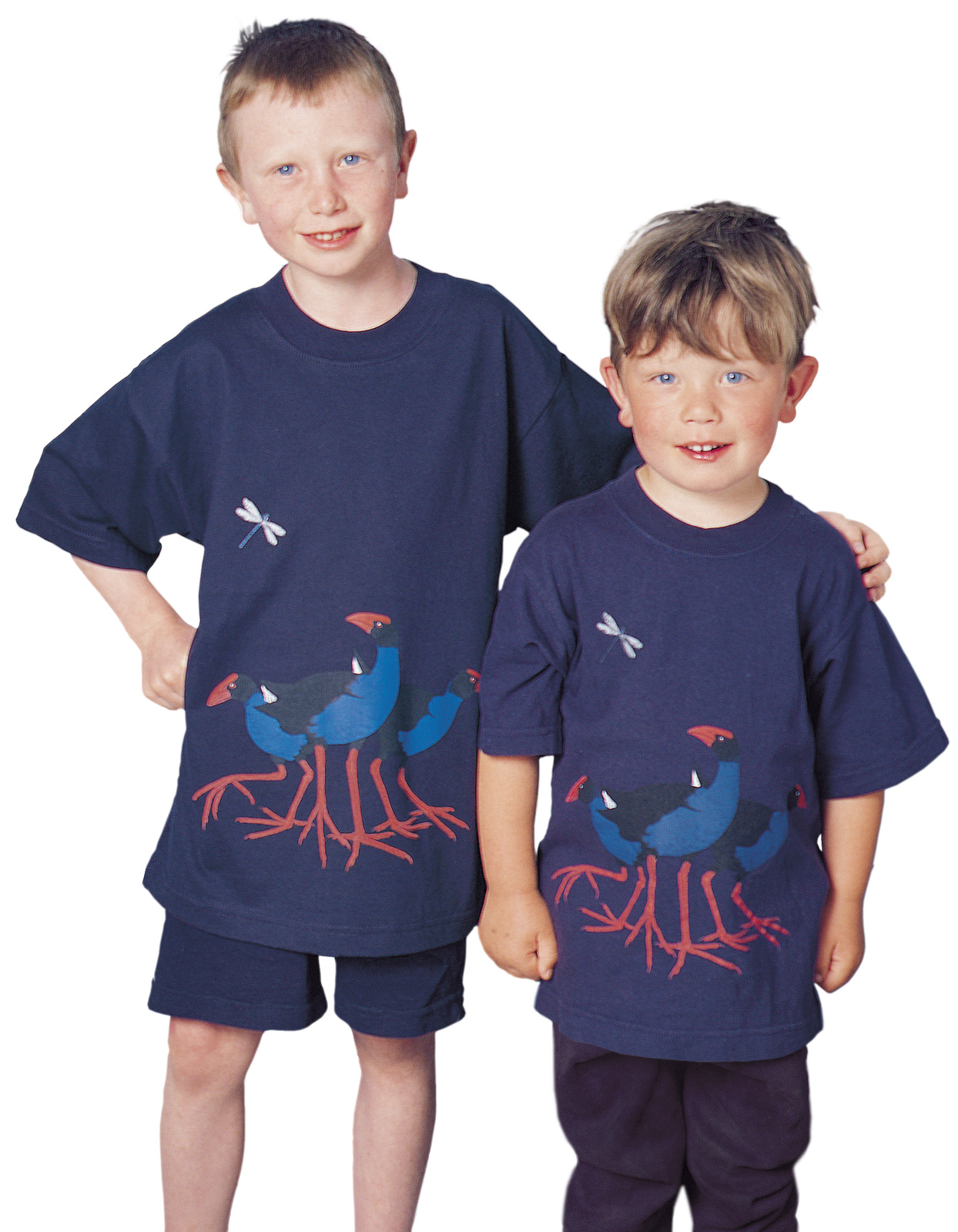‘Pukeko New Zealand’ four colour children’s T-shirt print on navy blue fabric.