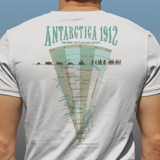 Detail of Antarctic Centre “Antarctica 1912, The Epic of Captain Scott” expedition map screen printed on a natural cotton T-shirt