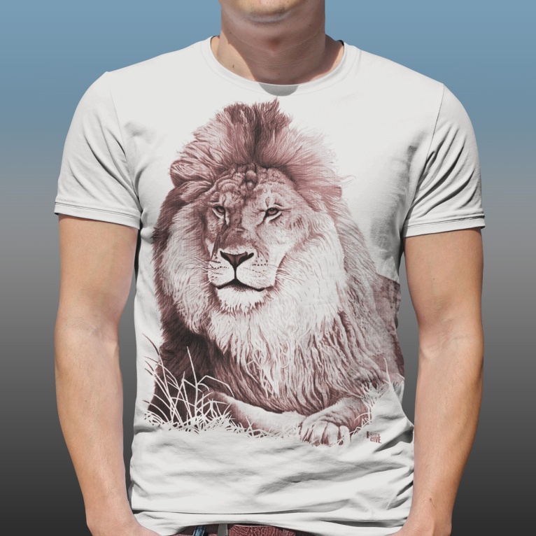 Detail of Orana Park Lion mono colour screen print on a natural cotton T-shirt