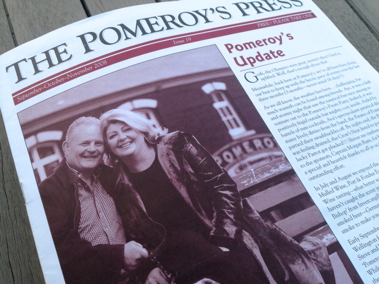 Pomeroy’s Press newsletter front page, masthead, leading article, Pomeroy’s family greeting, photo of Steve and Victoria Pomeroy.