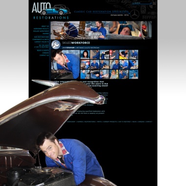 Auto Restorations website after redesign. Skilled workforce page interactive mosaic of employees.