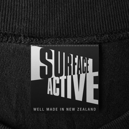 Surface Active well made in New Zealand t-shirt neck label.